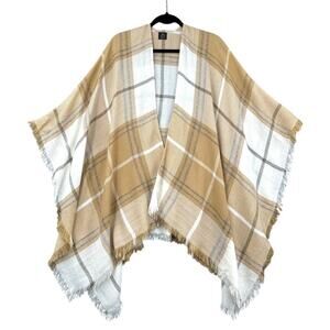 V. Fraas Beige & White Fringe Hem Open Front Plaid Wrap Poncho Womens One Size‎